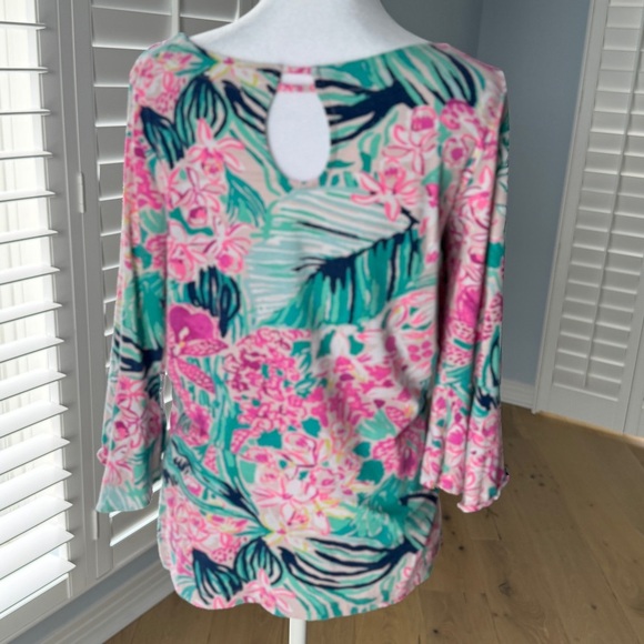 Lilly Pulitzer Blouse Top Floral Pink and Green Size Medium Flowy Sleeves - Picture 6 of 9